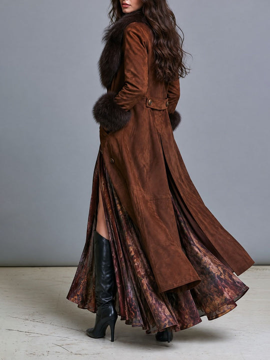 Boho Western Fur Trim Suede Trench Coat With Double Button