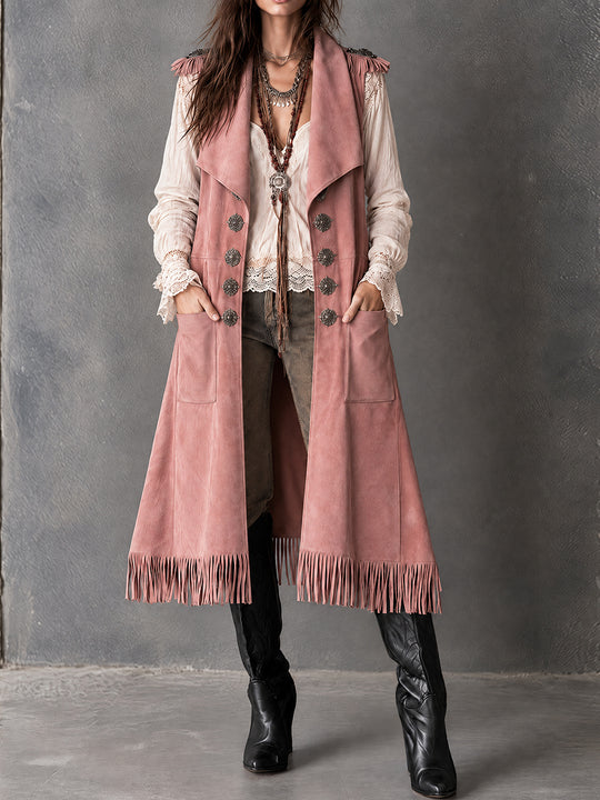 Dusty Rose Faux-Suede Fringe Vest
