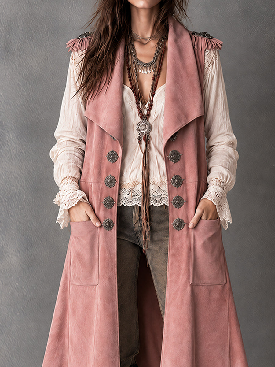 Dusty Rose Faux-Suede Fringe Vest
