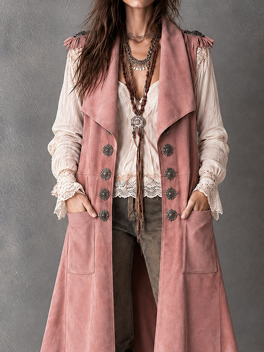 Dusty Rose Faux-Suede Fringe Vest