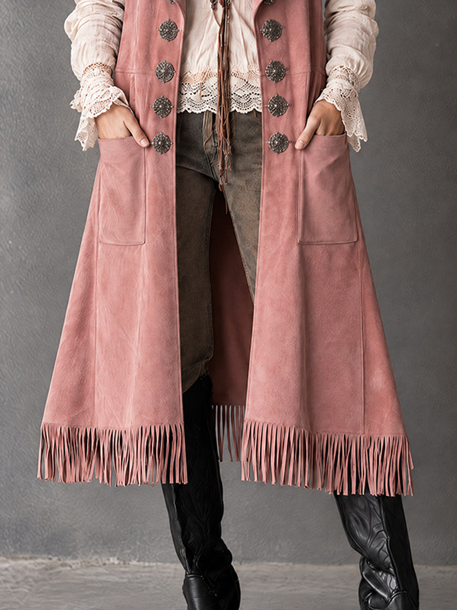 Dusty Rose Faux-Suede Fringe Vest