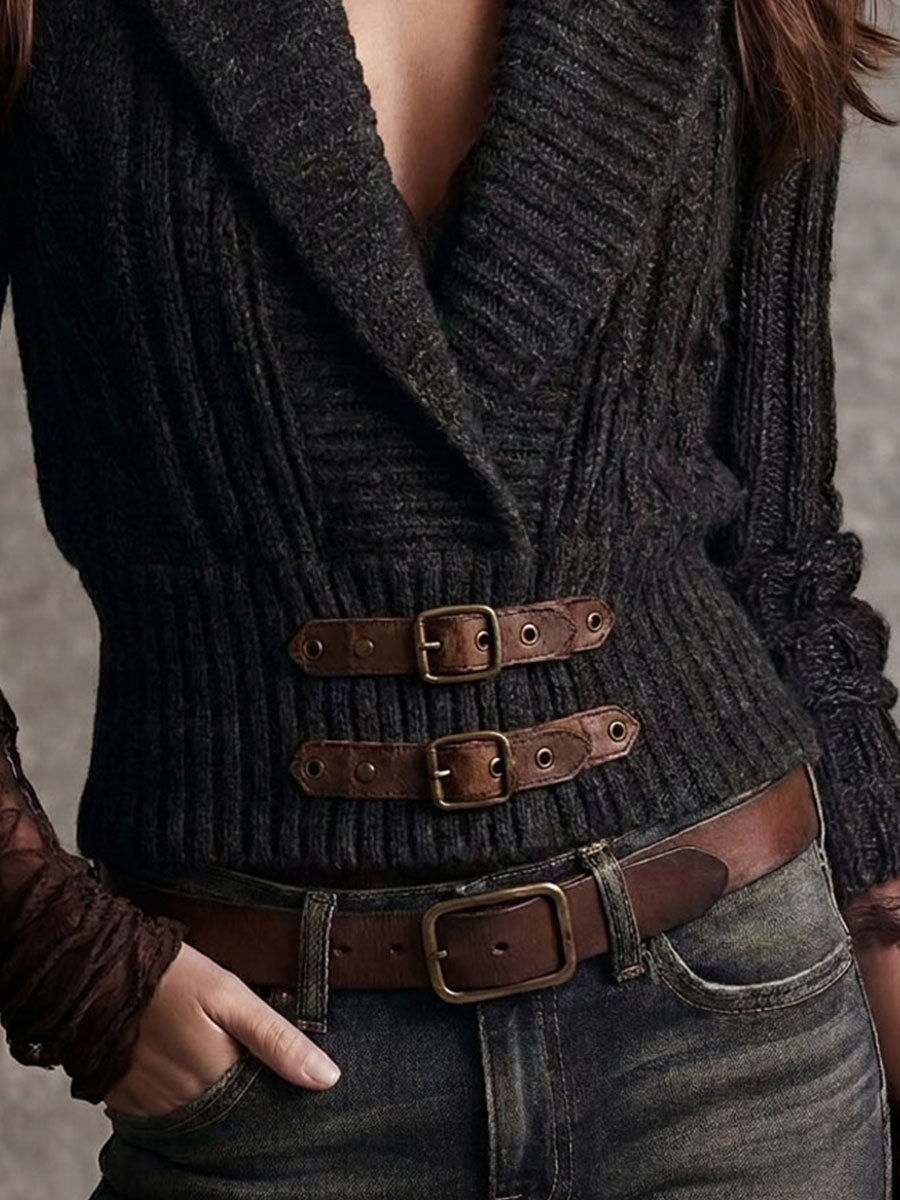 Boho Vintage Dark Charcoal Knitted Blazer Cardiagn With Double Waist Buckle