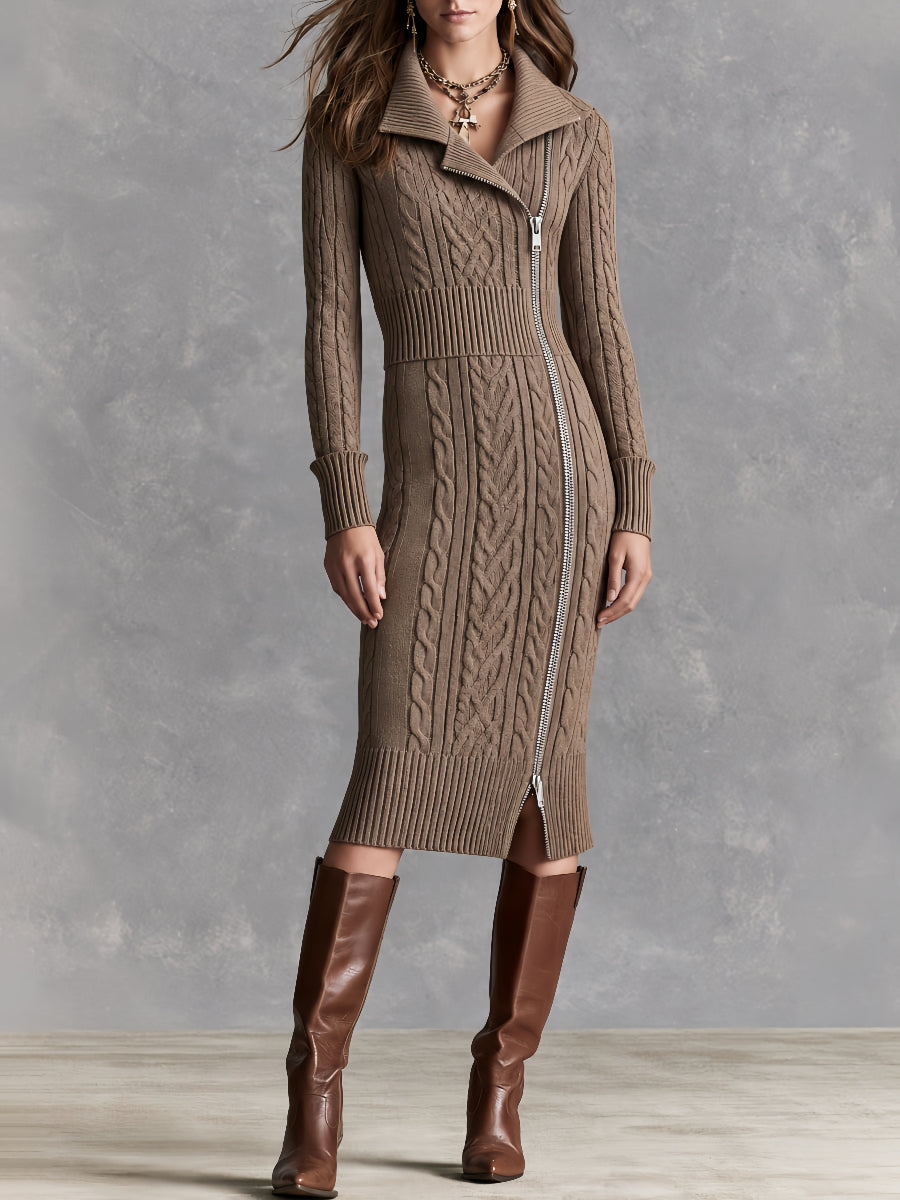 Retro Asymmetric Diagonal Zip Collared Taupe Cable Knit Midi Dress