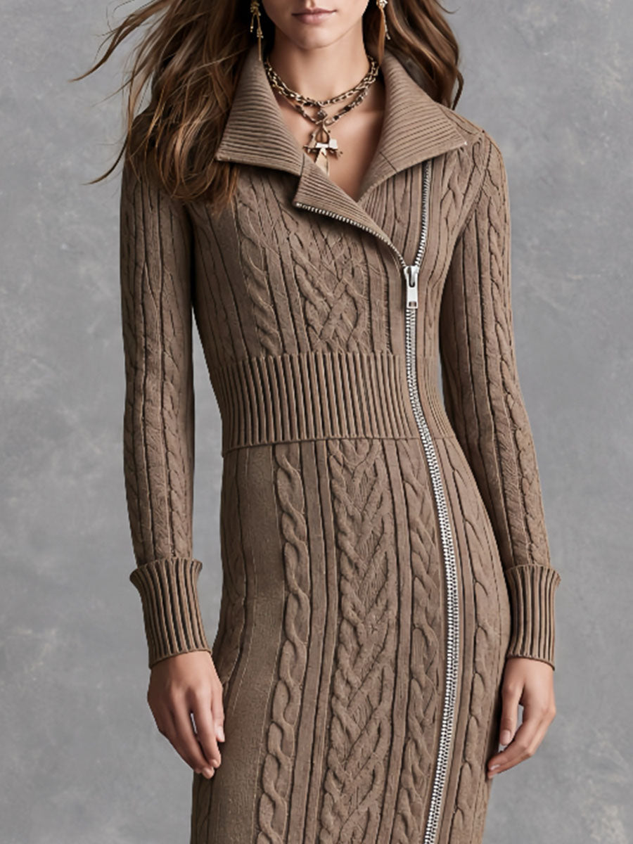 Retro Asymmetric Diagonal Zip Collared Taupe Cable Knit Midi Dress