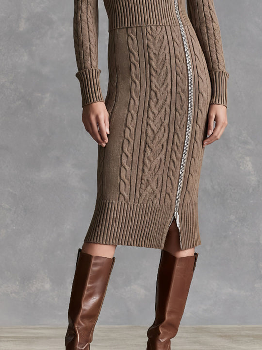 Retro Asymmetric Diagonal Zip Collared Taupe Cable Knit Midi Dress