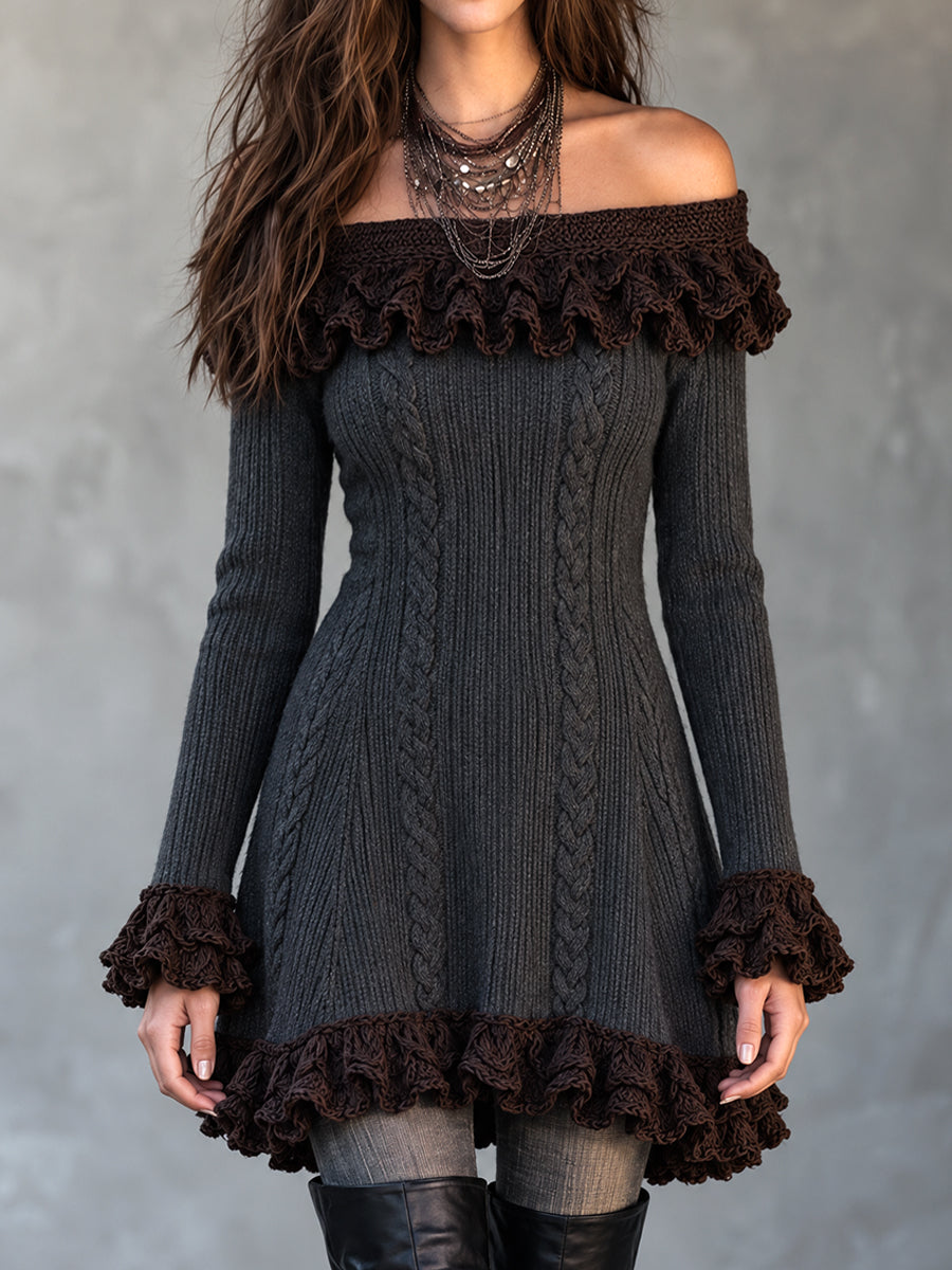 Midnight Nomad Ruffle-Knit Sweater Dress