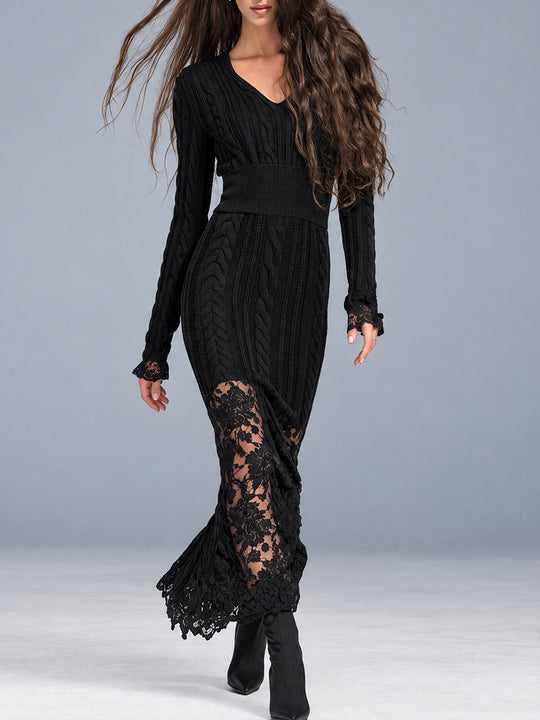 Midnight Nomad Cable-Knit Lace-Panel Maxi Dress
