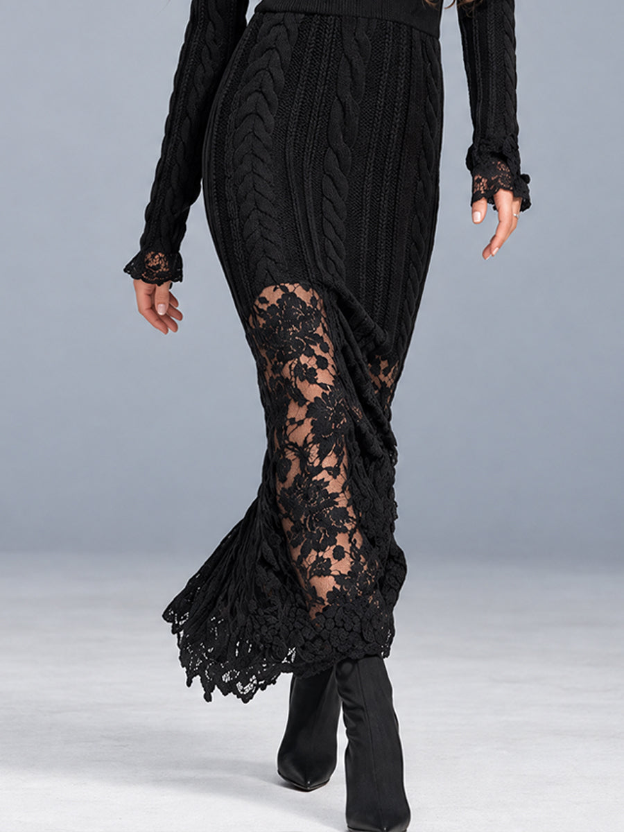Midnight Nomad Cable-Knit Lace-Panel Maxi Dress