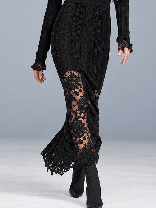 Midnight Nomad Cable-Knit Lace-Panel Maxi Dress