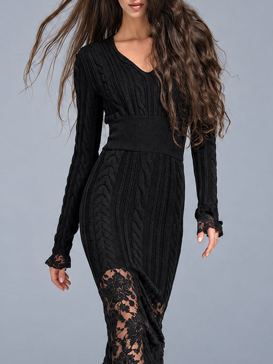 Midnight Nomad Cable-Knit Lace-Panel Maxi Dress