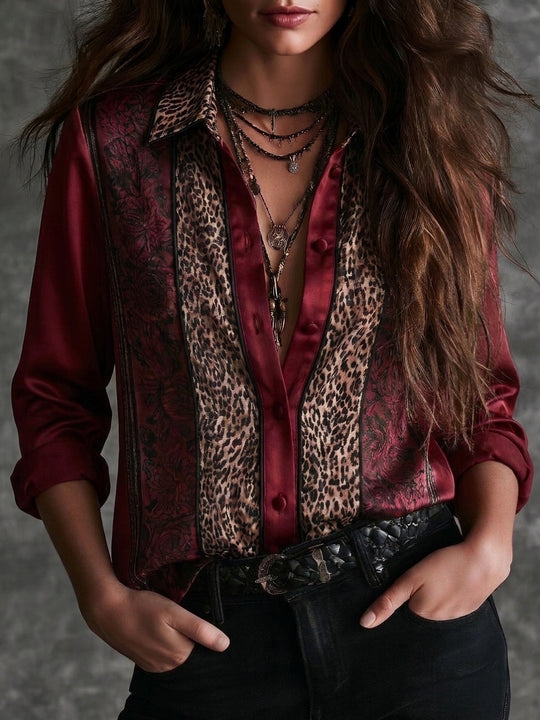 Vintage Burgundy Satin Leopard And Black Rose Pattern Blouse