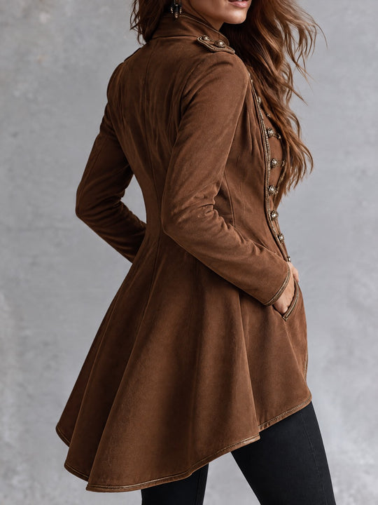 Retro Cognac Faux Suede Double Breasted Jacket WIth Gold Cord Trim