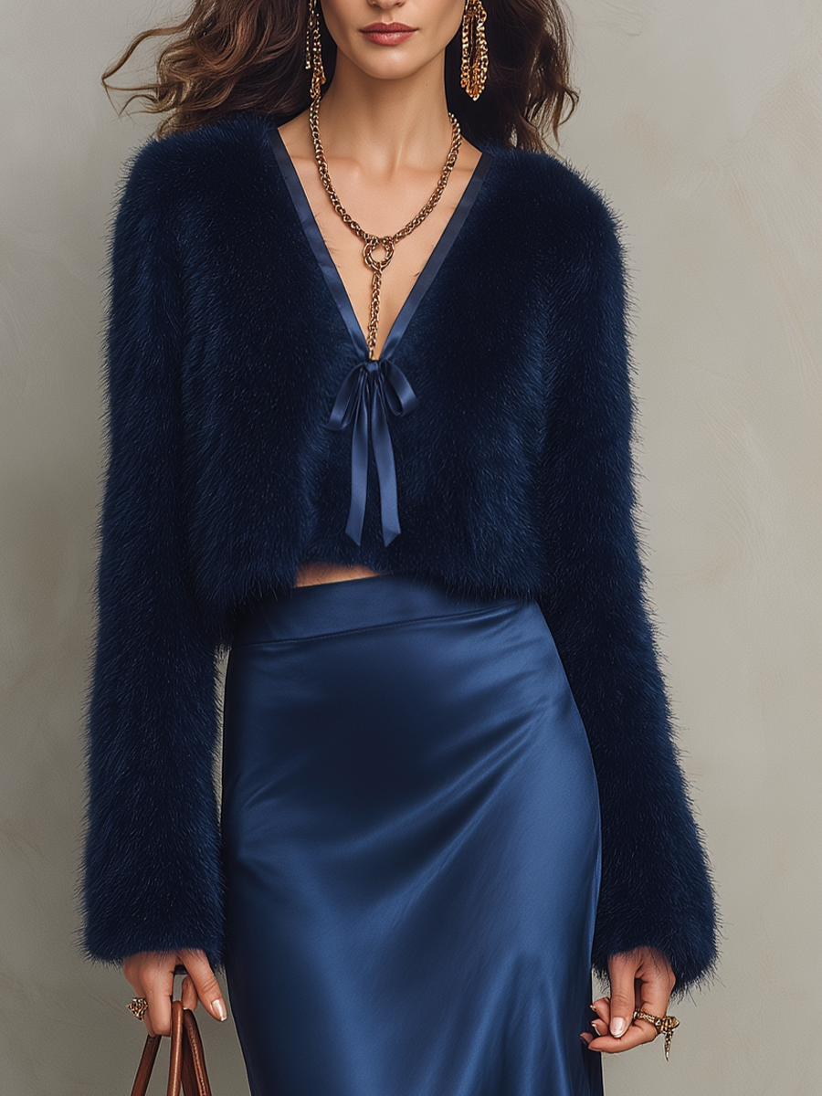 Luxe Navy Faux Fur Tie-Front Cardigan & Satin Skirt Set