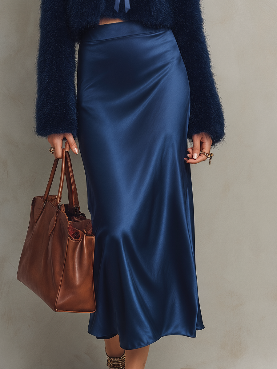 Luxe Navy Faux Fur Tie-Front Cardigan & Satin Skirt Set