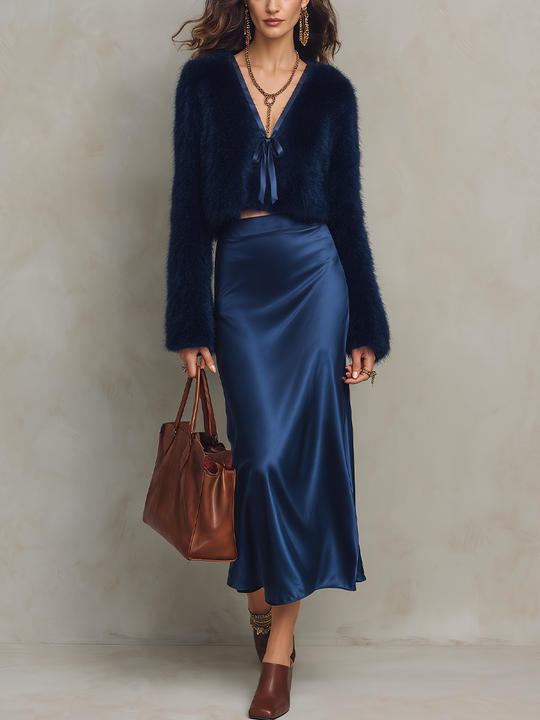 Luxe Navy Faux Fur Tie-Front Cardigan & Satin Skirt Set