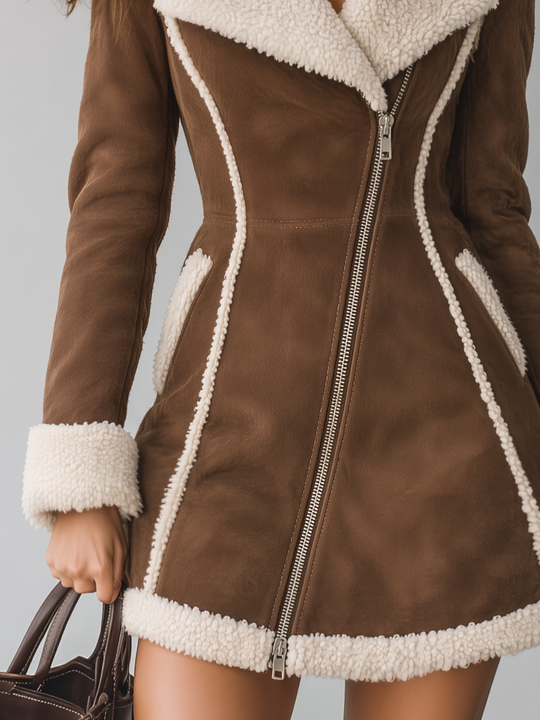 Classic Brown Shearling-Trim Zip-Up Coat