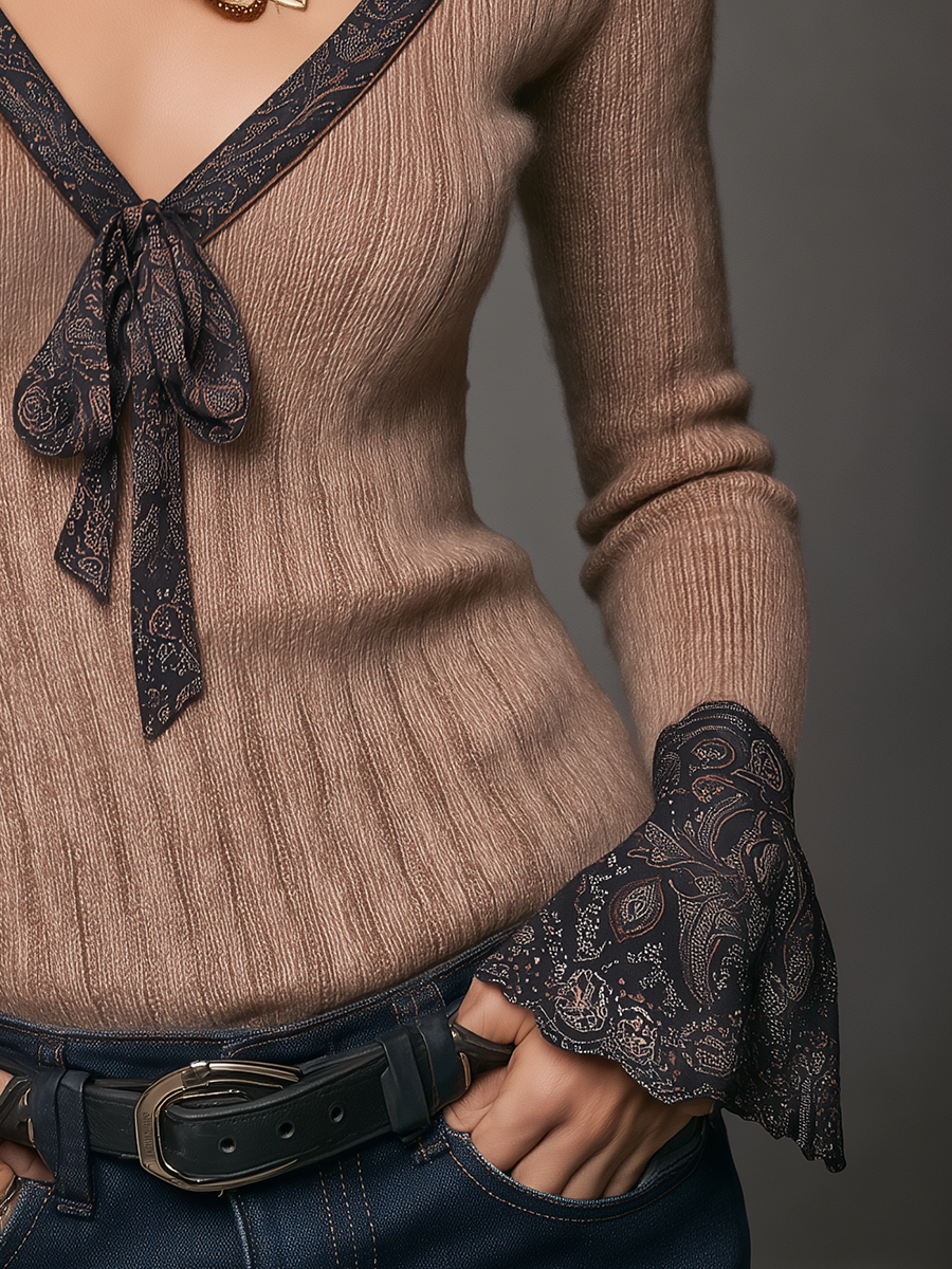 Refined Taupe Paisley-Trim Tie-Neck Knit Top