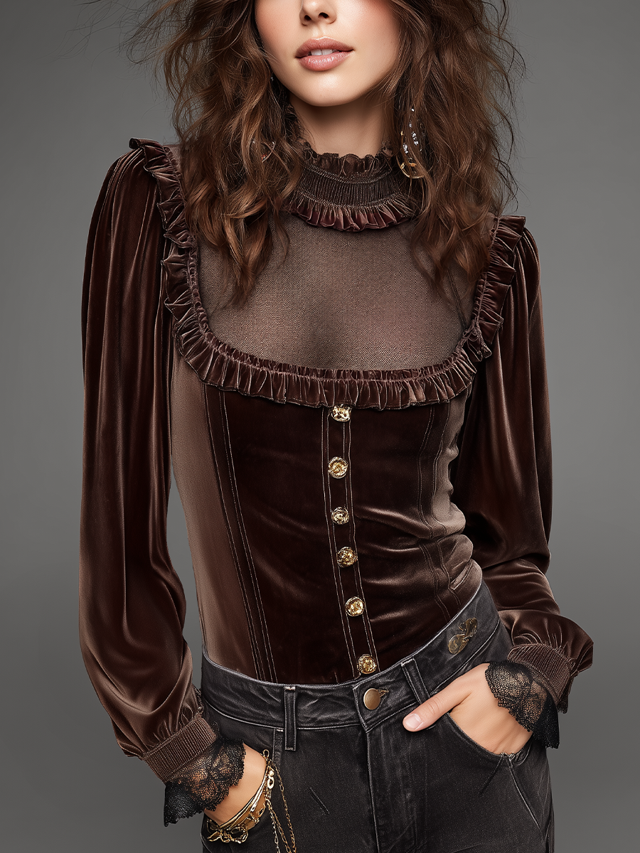 Vintage Chocolate Brown Velvet Ruffle-Trim Blouse