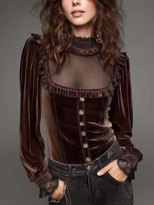 Vintage Chocolate Brown Velvet Ruffle-Trim Blouse