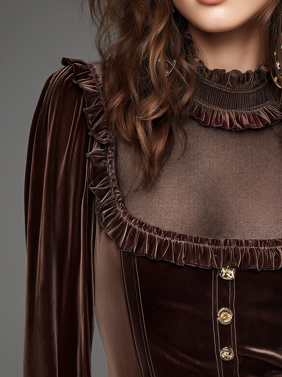 Vintage Chocolate Brown Velvet Ruffle-Trim Blouse