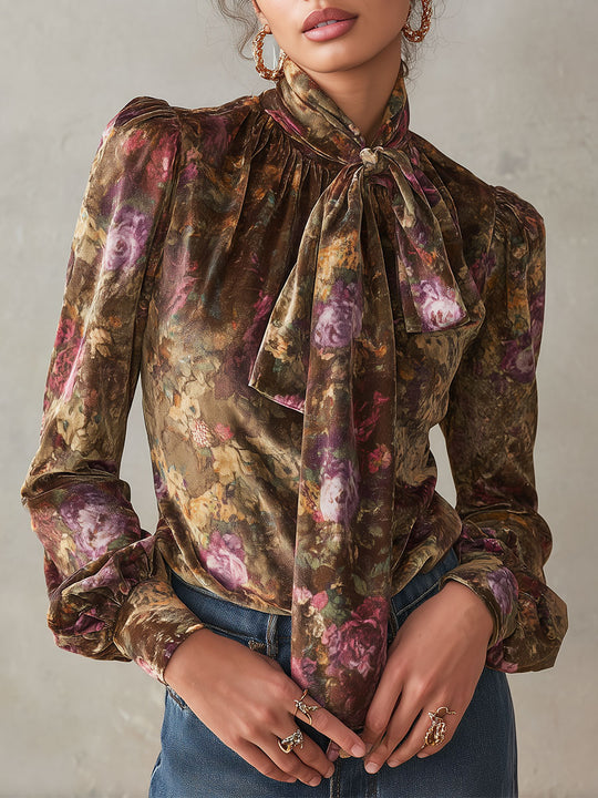 Quiet Luxury Oil-painting Floral Print TIe-neck Velvet Blouse