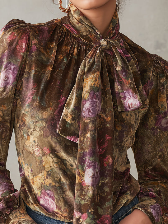 Quiet Luxury Oil-painting Floral Print TIe-neck Velvet Blouse