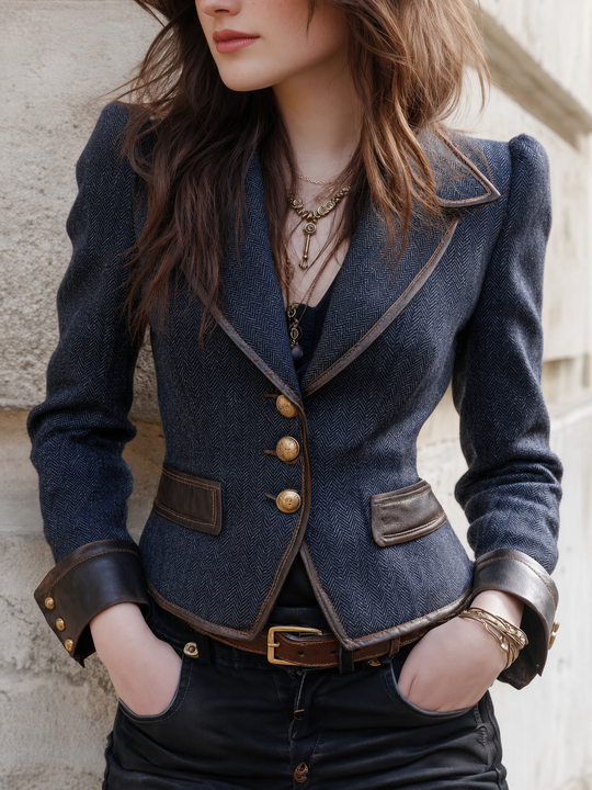 Women's Herringbone Tweed Blazer With Faux Leather Trim Detail