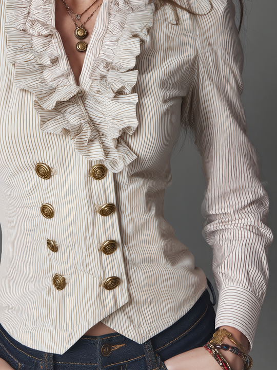 Vintage Ivory Pinstripe Ruffle-Front Button Blouse