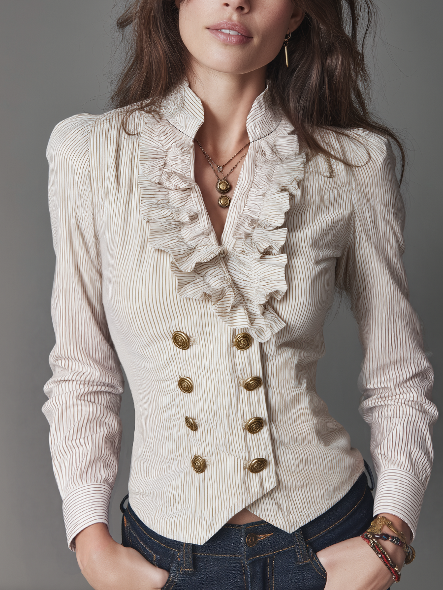 Vintage Ivory Pinstripe Ruffle-Front Button Blouse