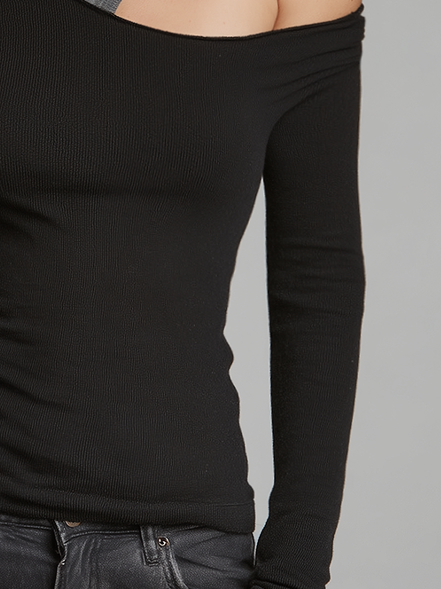 Modern Black Contrast Turtleneck Cutout Knit Top