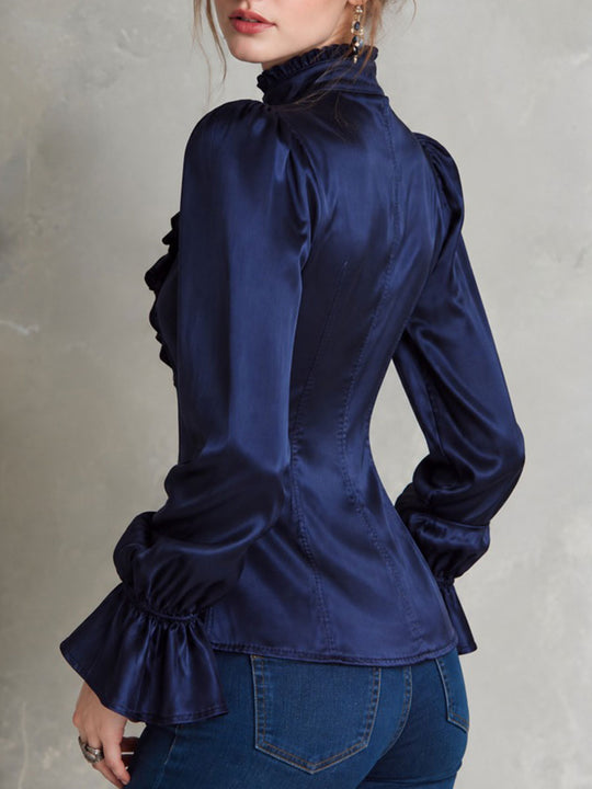 Quiet Luxury Navy Satin Ruffle Collar Blouse With Bell Sleeves
