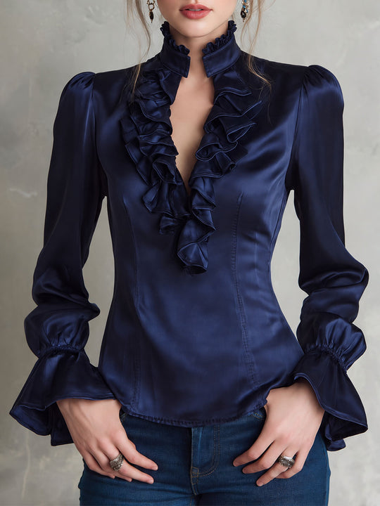 Quiet Luxury Navy Satin Ruffle Collar Blouse With Bell Sleeves