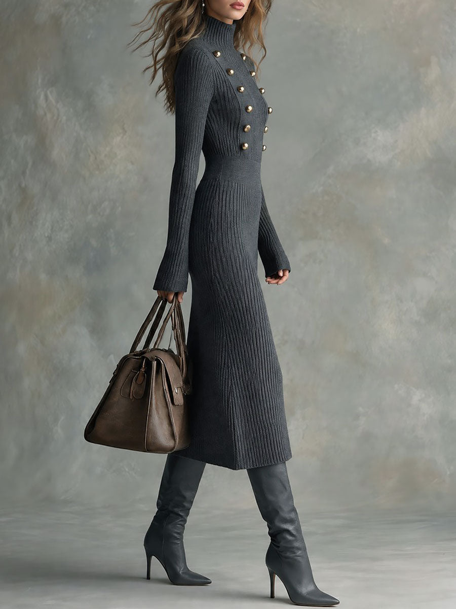 Napoleonic style Ribbed Knit Midi Sweater Dress With Gold Button Detail