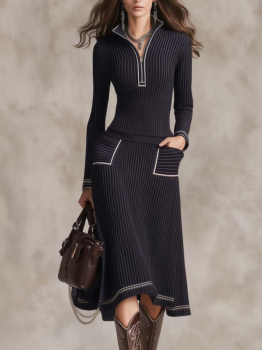 Contrast Trim Ribbed Knit Half-Zip Sweater Midi Dress With Pockets