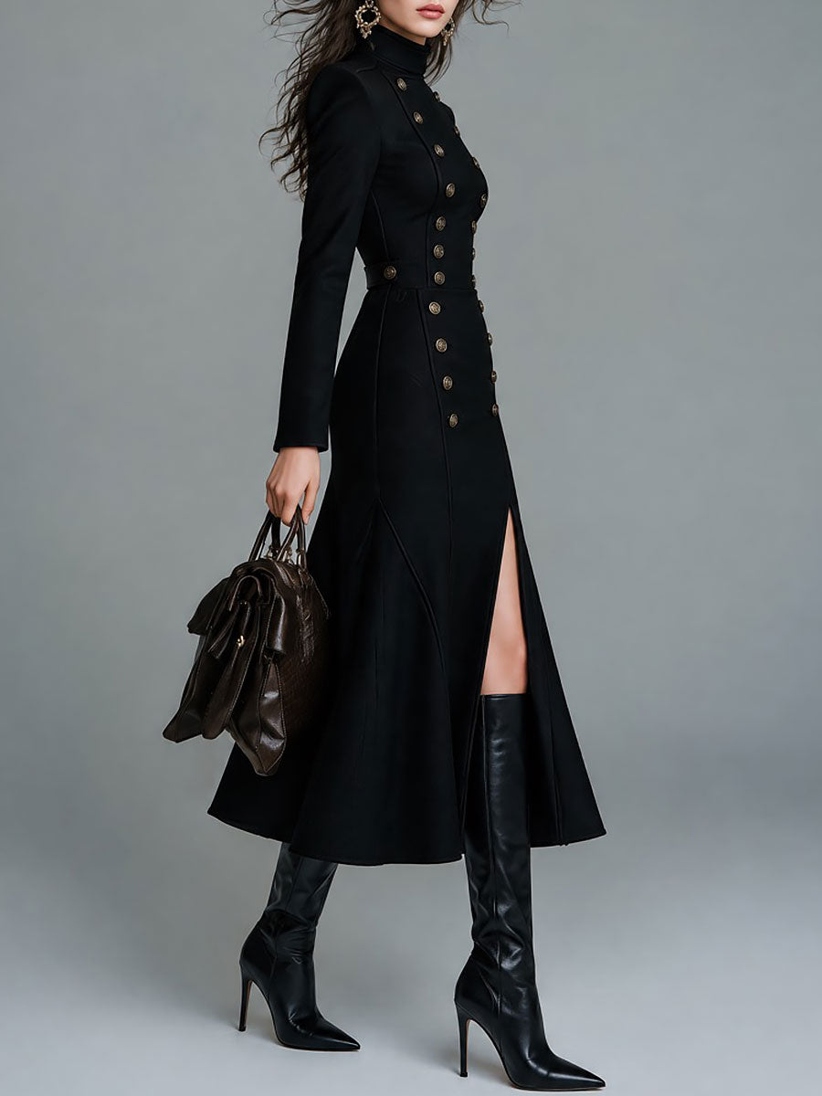 Military Style Double-Breasted Button Slit Maxi Dress
