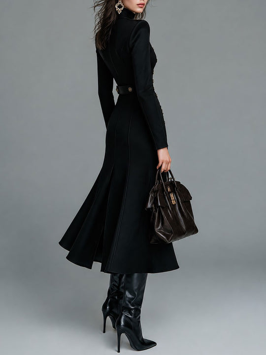 Military Style Double-Breasted Button Slit Maxi Dress