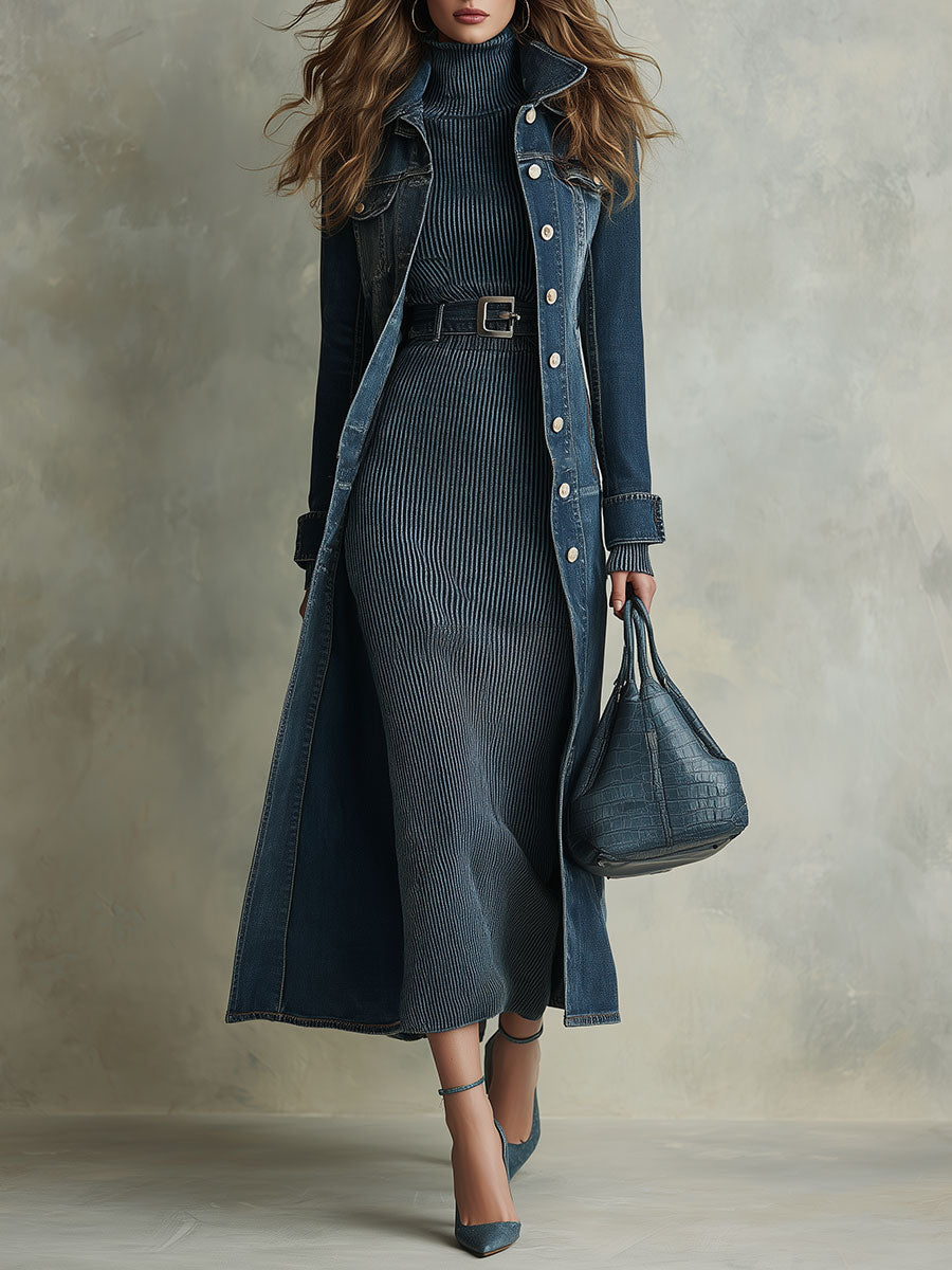 Boho Long Washed Denim Trench Coat With Structured Collar