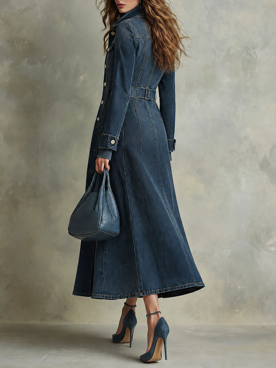 Boho Long Washed Denim Trench Coat With Structured Collar