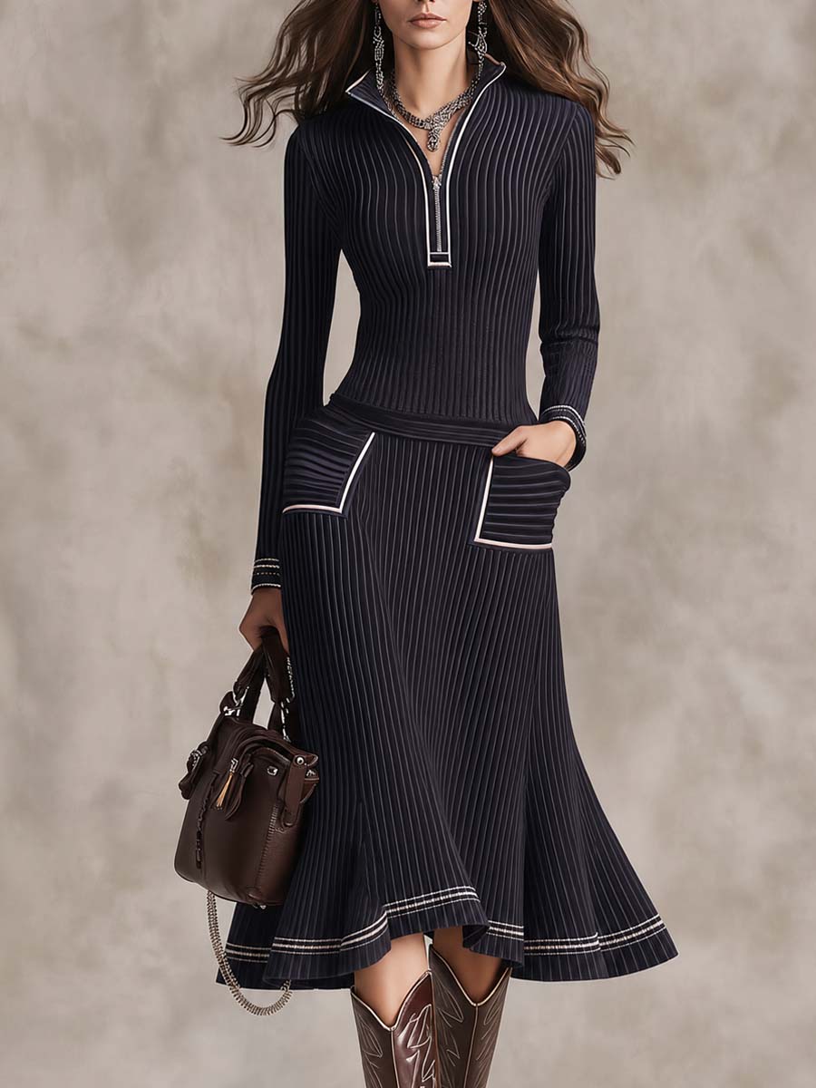 Contrast Trim Ribbed Knit Half-Zip Sweater Midi Dress With Pockets