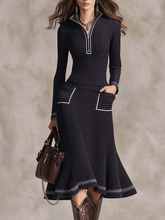 Contrast Trim Ribbed Knit Half-Zip Sweater Midi Dress With Pockets