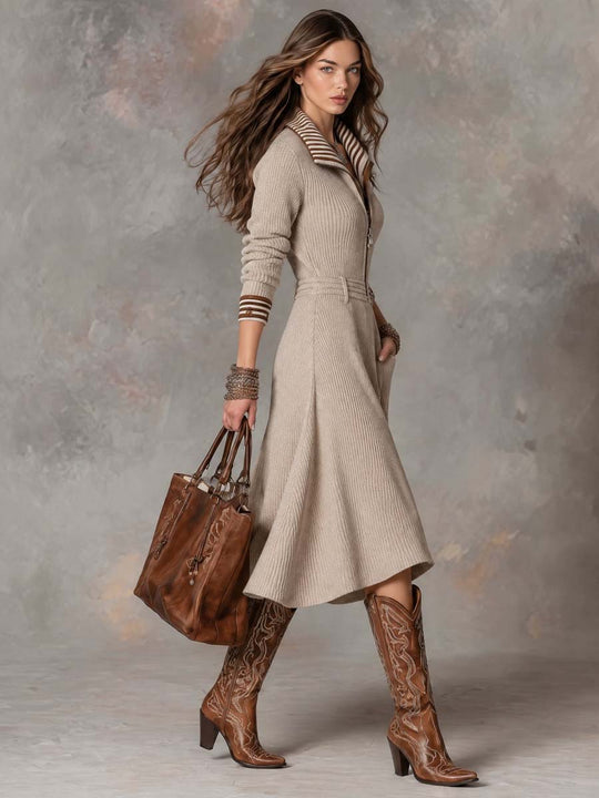 Striped Collar Ribbed Knit Sweater Midi Dress with Zip Front
