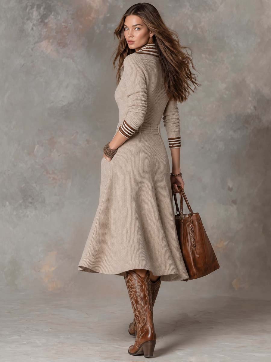 Striped Collar Ribbed Knit Sweater Midi Dress with Zip Front