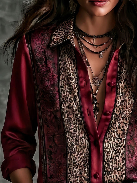 Vintage Burgundy Satin Leopard And Black Rose Pattern Blouse