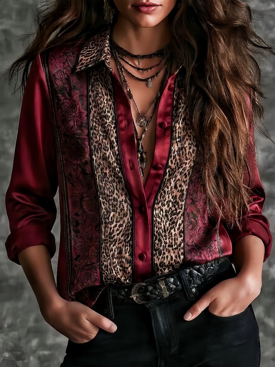 Vintage Burgundy Satin Leopard And Black Rose Pattern Blouse