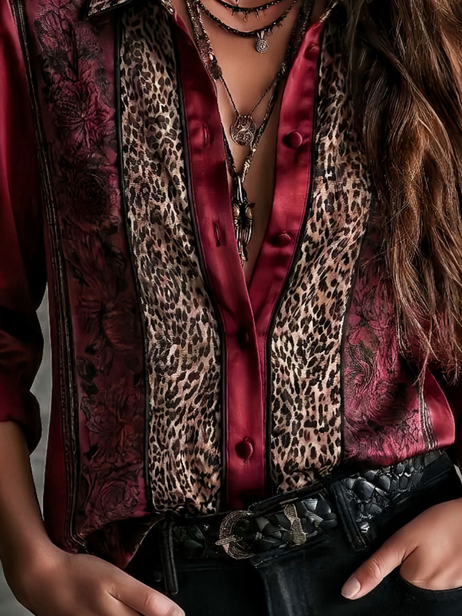 Vintage Burgundy Satin Leopard And Black Rose Pattern Blouse