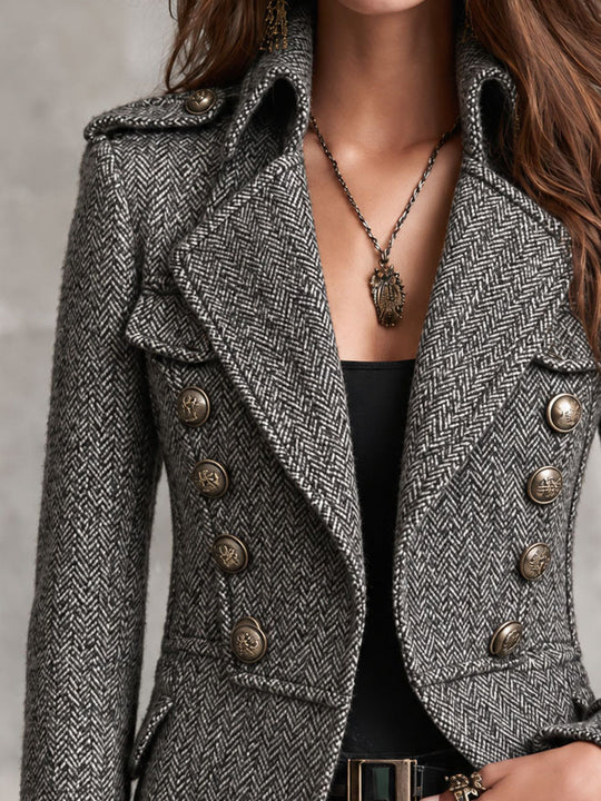 Grey Herringbone Tweed Military Jacket Bronze Double Breasted Button Fitted Short Blazer