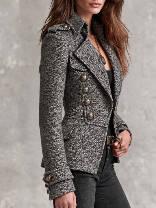 Grey Herringbone Tweed Military Jacket Bronze Double Breasted Button Fitted Short Blazer