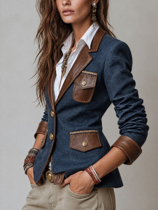 Faux Leather Trim Herringbone Tweed Blazer