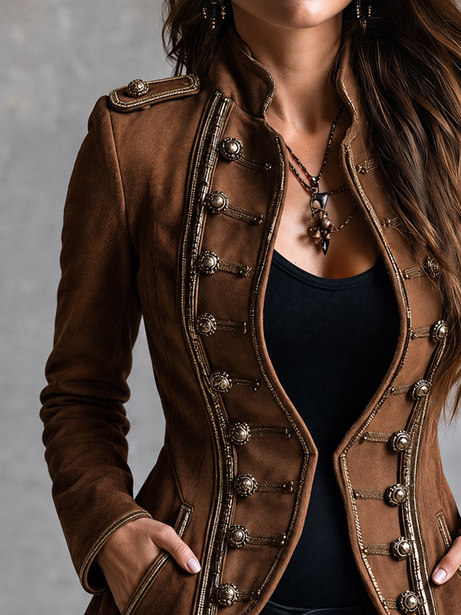 Retro Cognac Faux Suede Double Breasted Jacket WIth Gold Cord Trim
