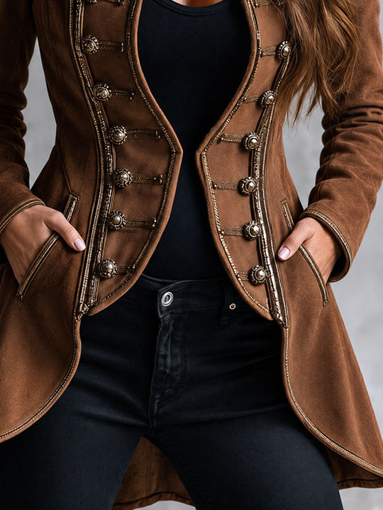 Retro Cognac Faux Suede Double Breasted Jacket WIth Gold Cord Trim